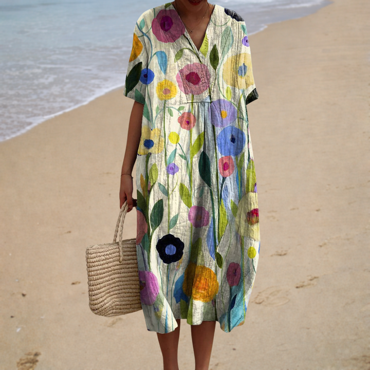 Floral summer dress with V-neck and short sleeves, multicolor print