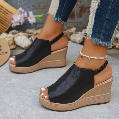 Black orthopedic wedge sandals with open toe, wedge sole, faux pearl anklet