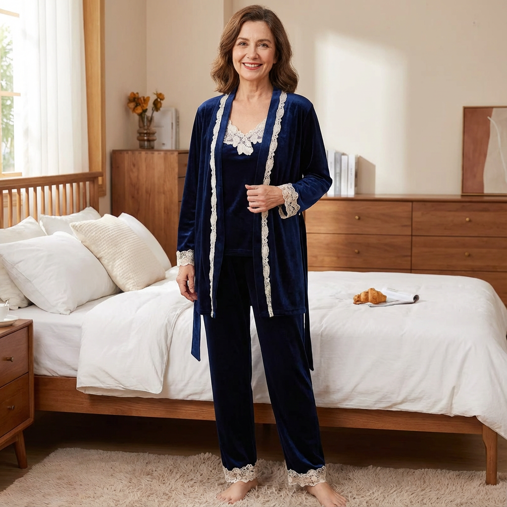 Women’s navy-blue velvet sleepwear set with lace-trim camisole, robe, and lace cuffs pants