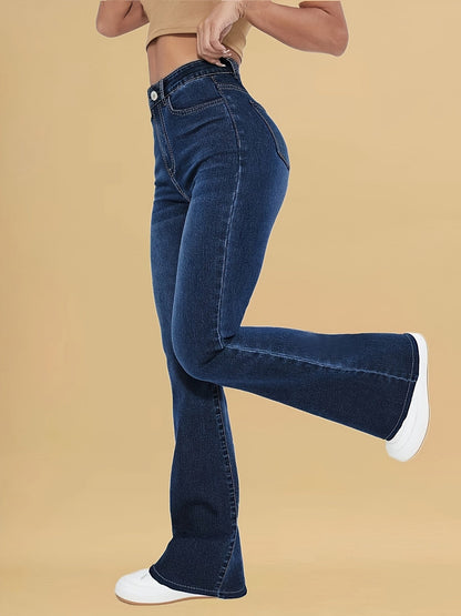 Dark blue flare jeans with high rise, front pockets, and button waist