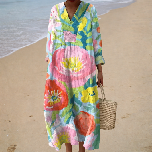 Multicolor printed summer dress with V-neck and loose long sleeves, midi length