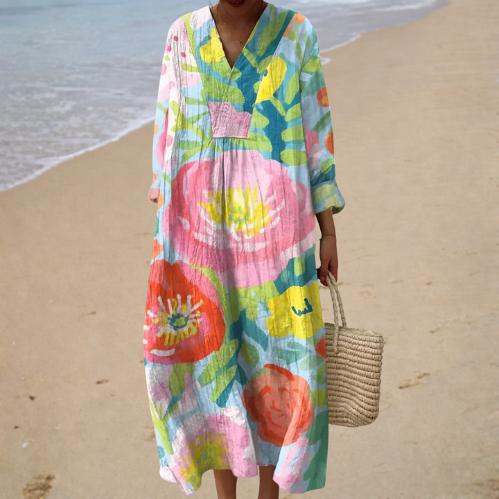 Multicolor printed summer dress with V-neck and loose long sleeves, midi length