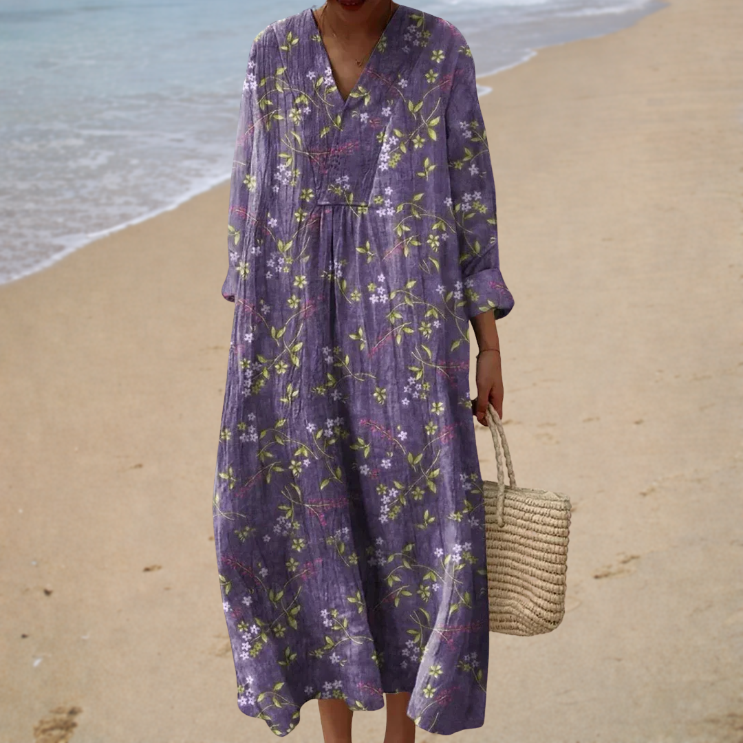 Purple printed midi summer dress with V-neck, long sleeves, and gathered waist