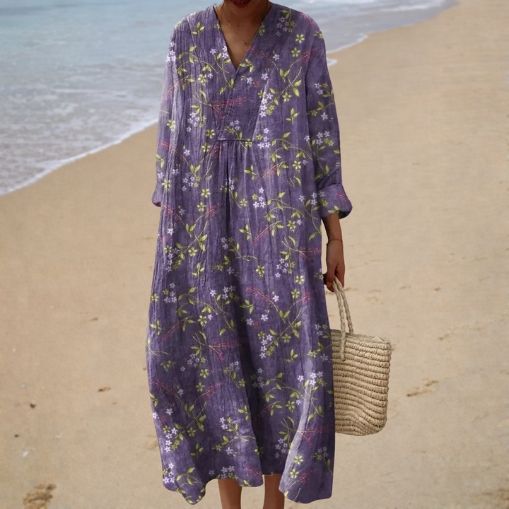 Purple printed midi summer dress with V-neck, long sleeves, and gathered waist