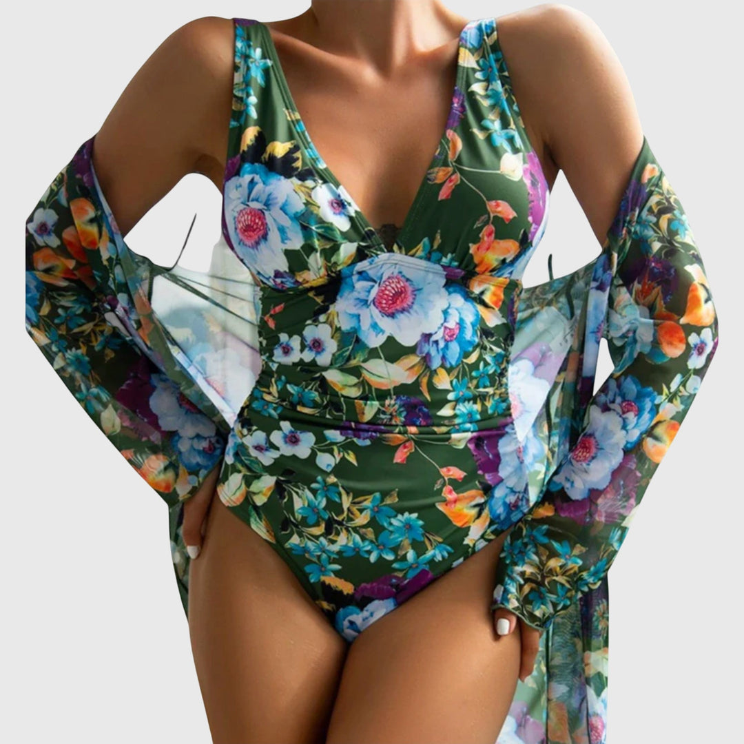 Floral green swimsuit set with knotted V-neck top and high-rise bikini bottoms