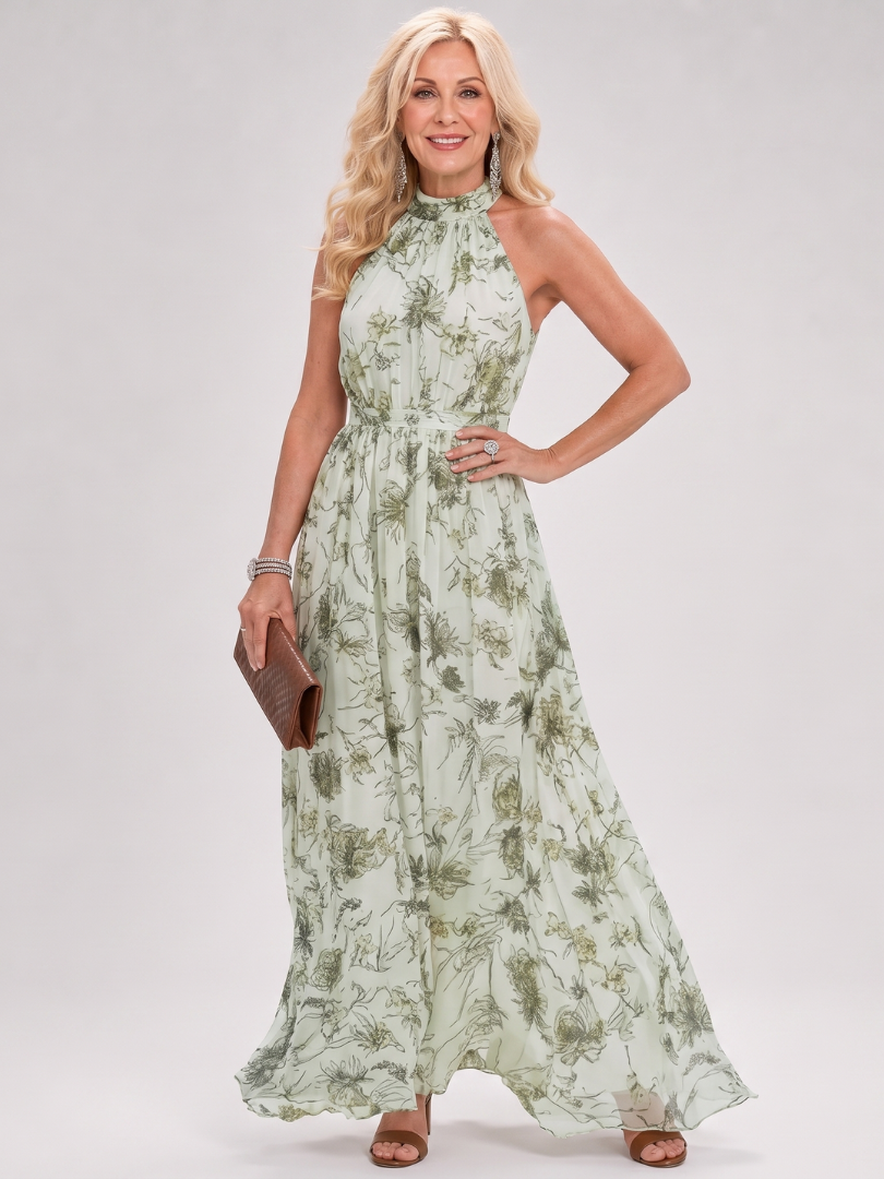 Green floral print halter midi dress with gathered waist and flowing tiered skirt