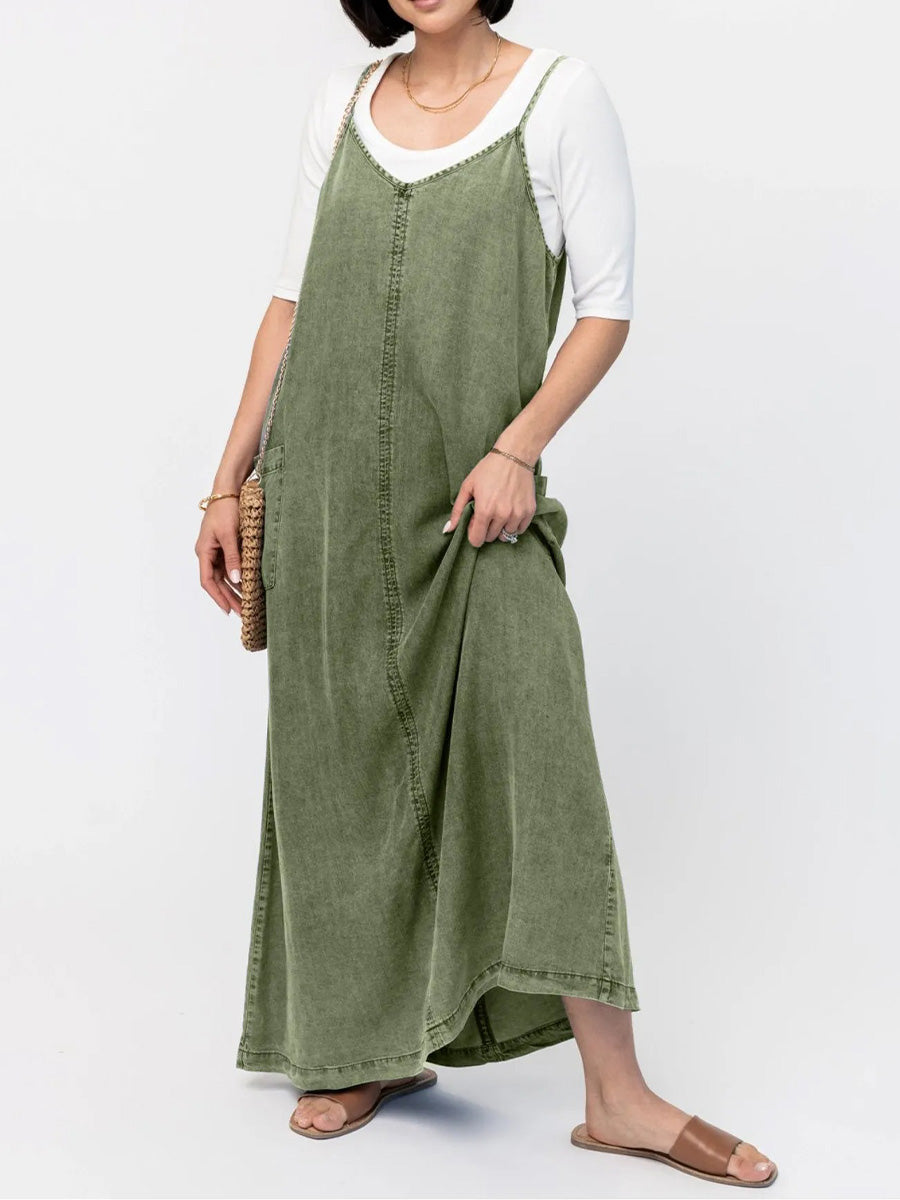 Olive green denim-look loose maxi dress with V neckline and thin spaghetti straps