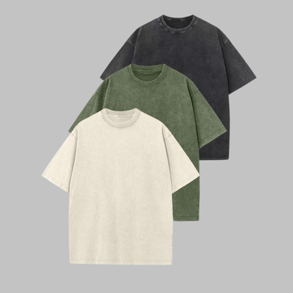 3-pack washed crew-neck T-shirts in off-white, olive green, and dark gray