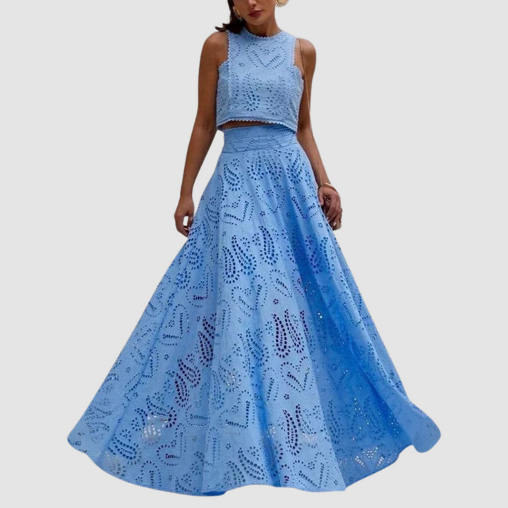 Blue sleeveless lace crop top and flowing maxi skirt two-piece set with eyelet texture