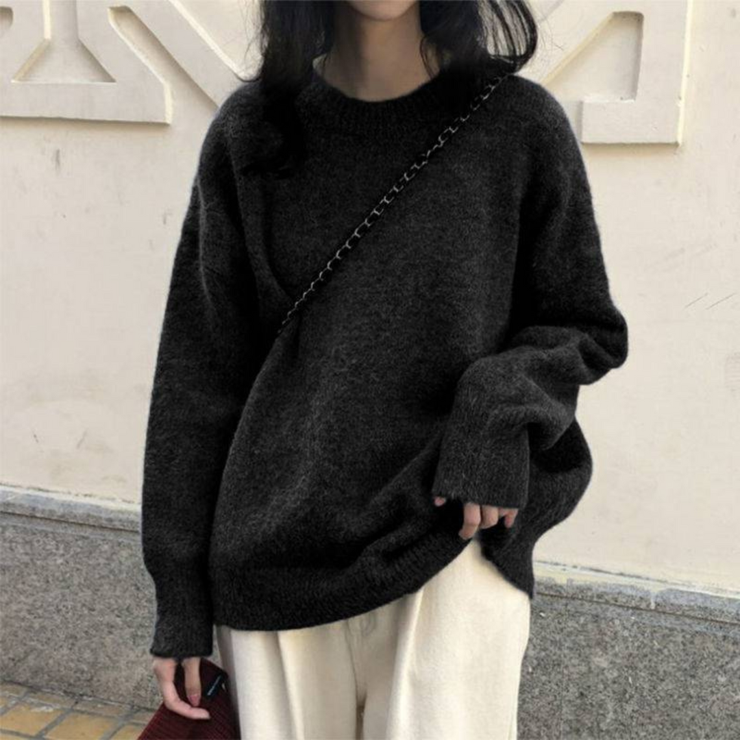 Black casual long-sleeve sweater with round neck and ribbed cuffs and hem