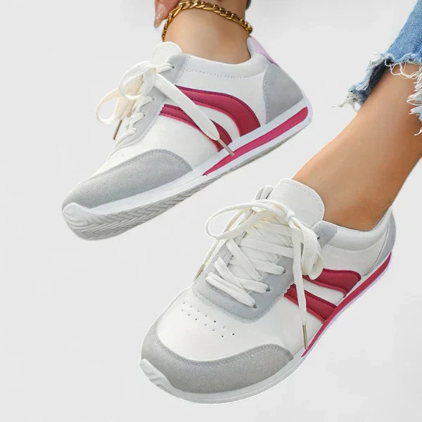 Casual orthopedic shoes, white with magenta-red stripe accents, lace-up, gray toe