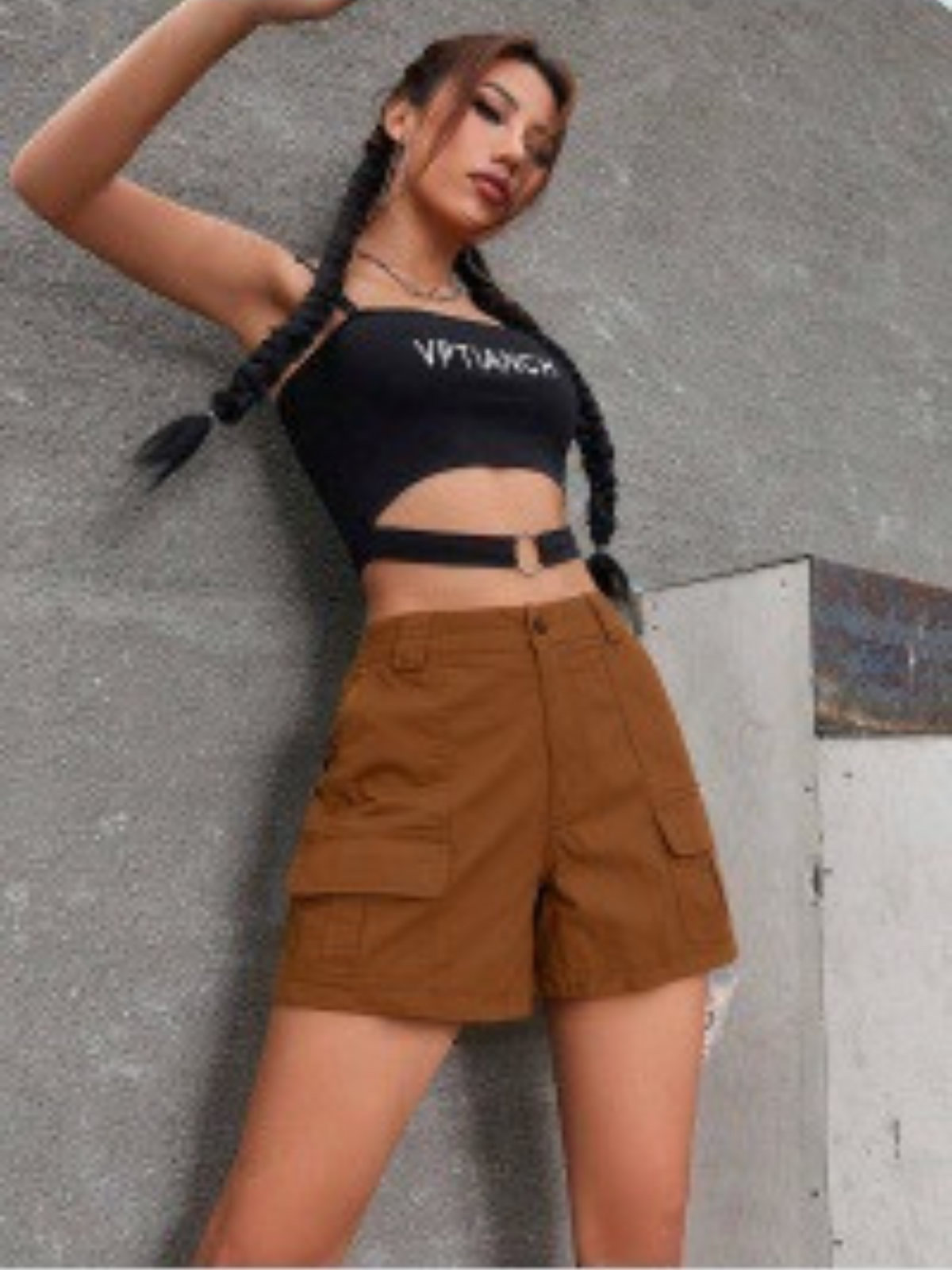 Tobacco brown cargo shorts with flap cargo pockets and button front