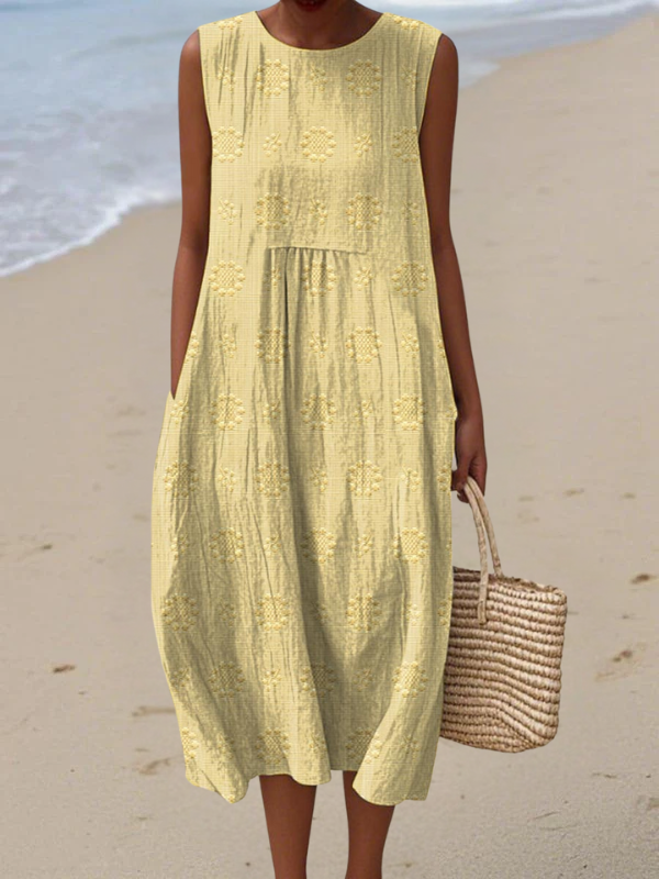 Embroidered midi dress, sleeveless, pale yellow with rose-style floral eyelet detail