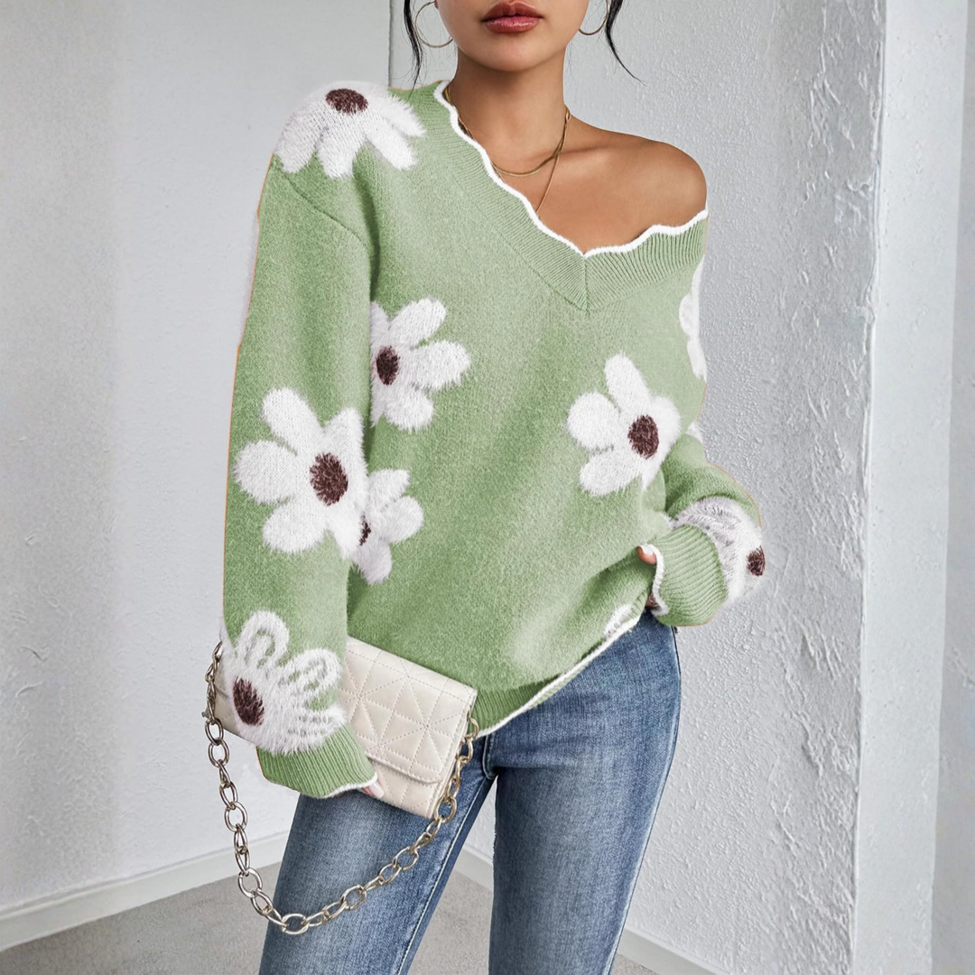 Green drop-shoulder long-sleeve V-neck sweater with white flower appliques
