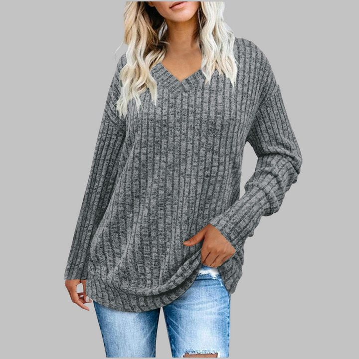 V-neck long-sleeve knit sweater, heather gray; ribbed cuffs and hem