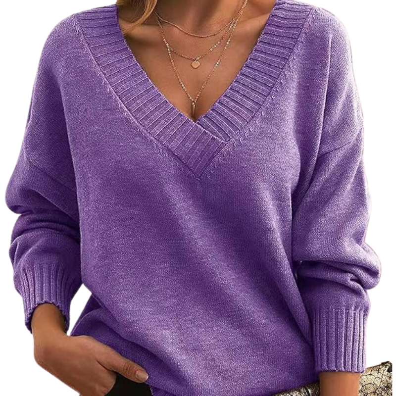 Lightweight V-neck sweater, purple knit with ribbed V-neck and cuffs