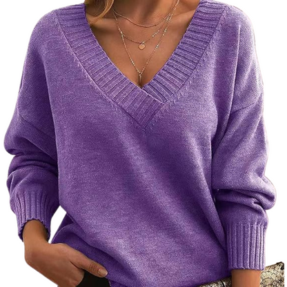 Lightweight V-neck sweater, purple knit with ribbed V-neck and cuffs