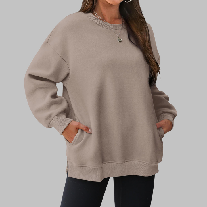 Camel oversized crewneck long sleeve sweater with ribbed cuffs and hem