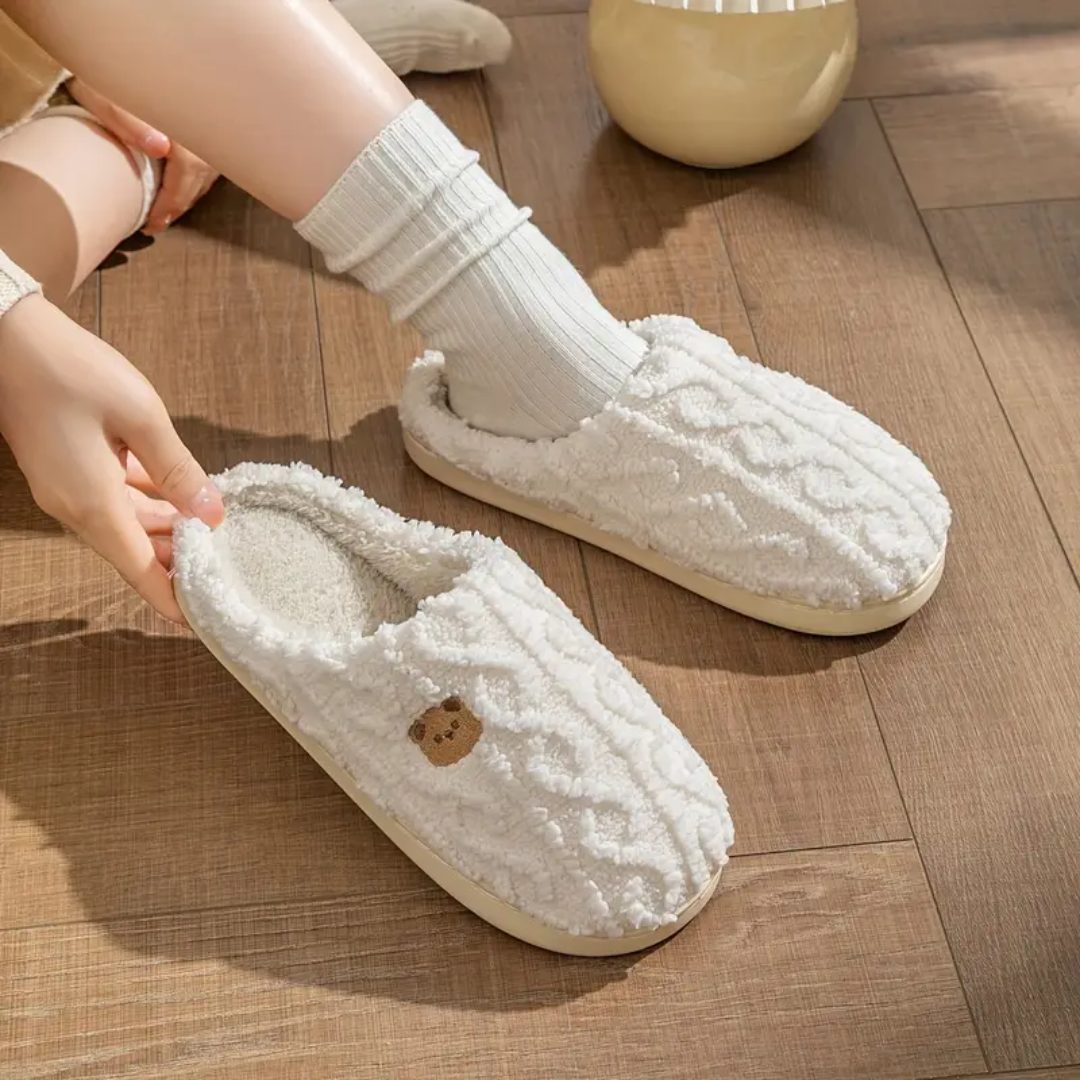Fuzzy bear print slippers, light color, slip-on style with thick cushioned sole