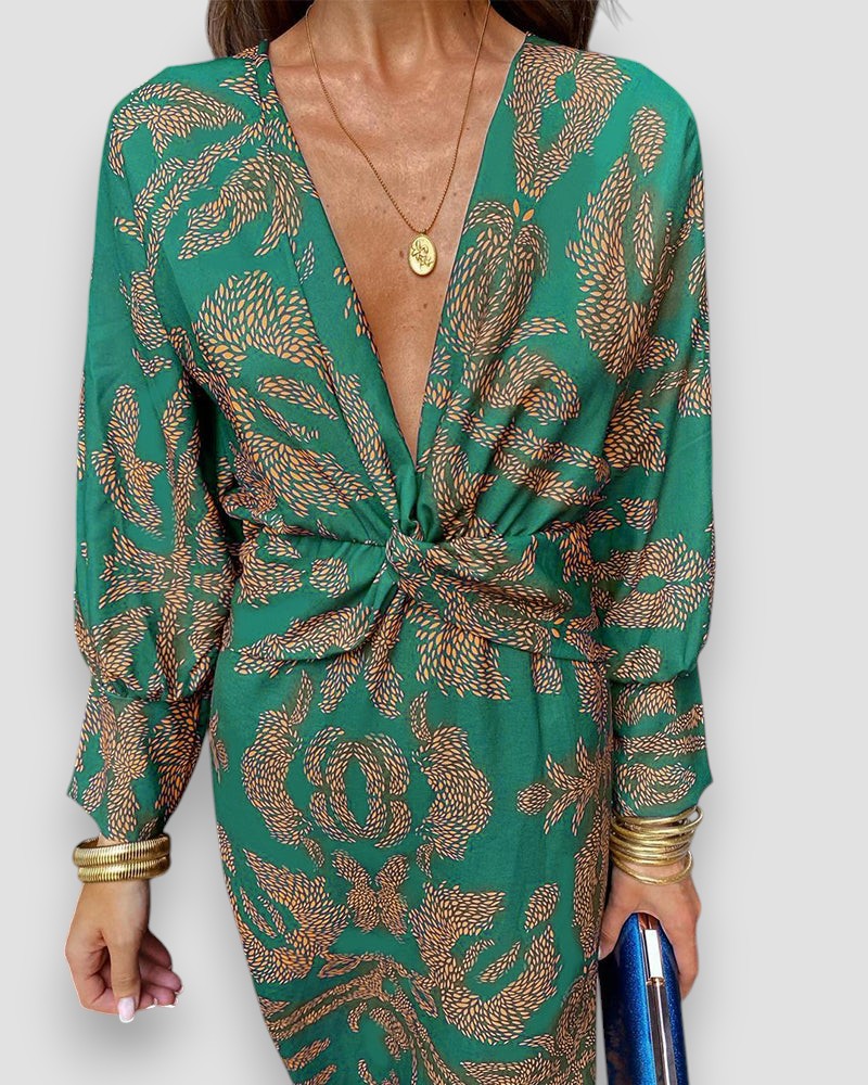 Green V-neck long-sleeve dress with knot-tie waist and leaf pattern