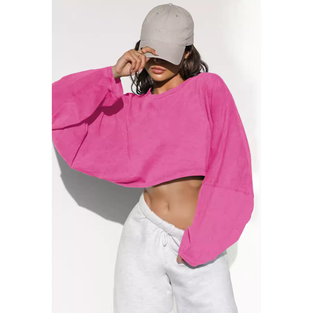 Women’s cropped pullover sweatshirt, rose pink crew neck with long sleeves