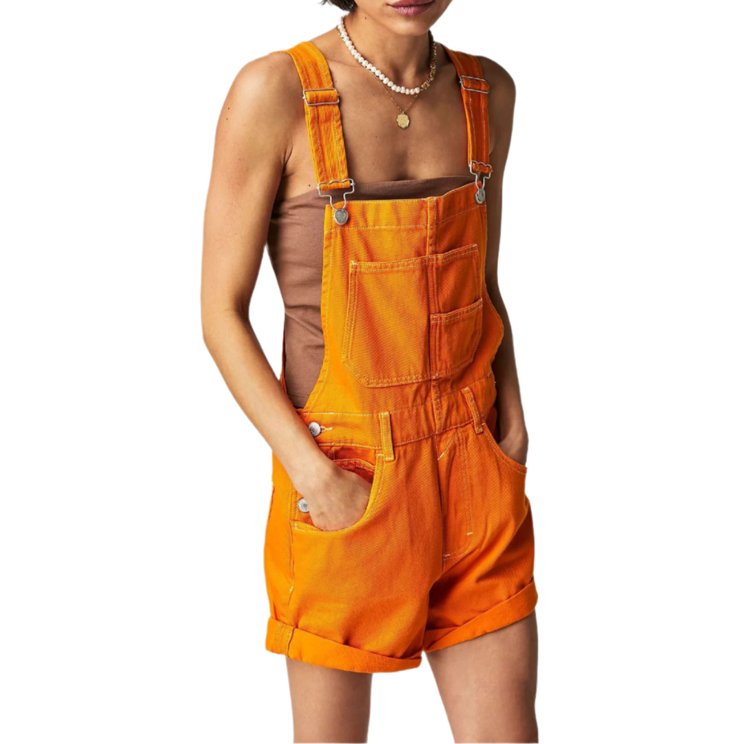 Orange denim overall shorts with adjustable straps and front patch pocket