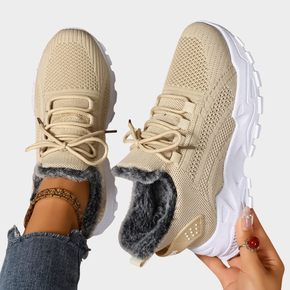 Casual lace-up lightweight sneakers, beige knit upper with faux-fur cuff and chunky sole