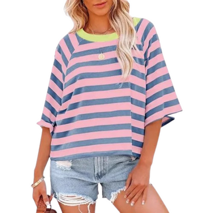 Loose fit crewneck top in pastel blue, pink, and navy stripes with lime neckline