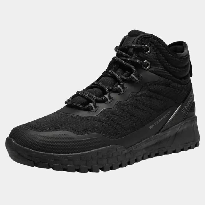 Waterproof plush warm boots, lace-up front, black textured upper, sturdy tread sole