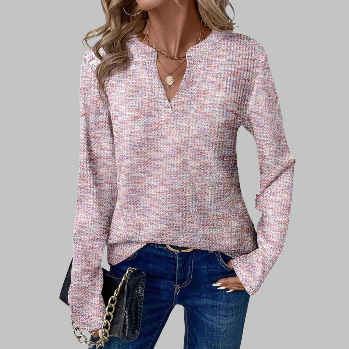 Cozy V-neck long-sleeve blouse, pink speckled textured knit