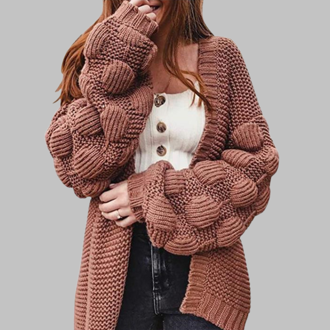 Camel oversized chunky open-front cardigan with ribbed cuffs and textured knit