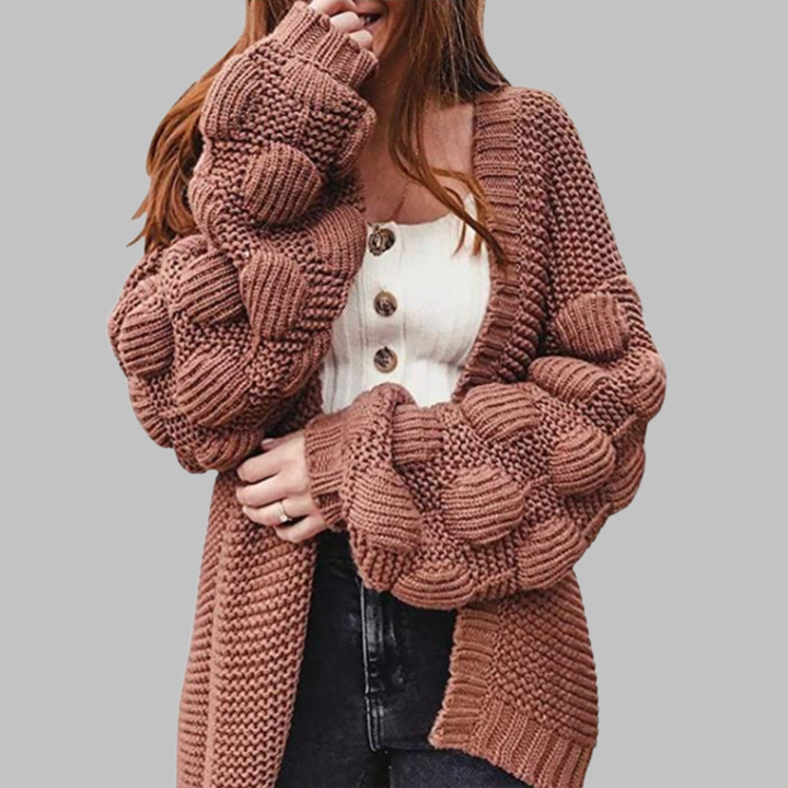 Camel oversized chunky open-front cardigan with ribbed cuffs and textured knit