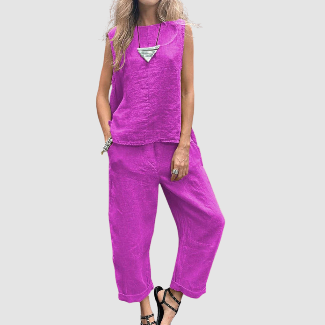 Lightweight two-piece summer set in purple: sleeveless top and cropped drawstring pants.