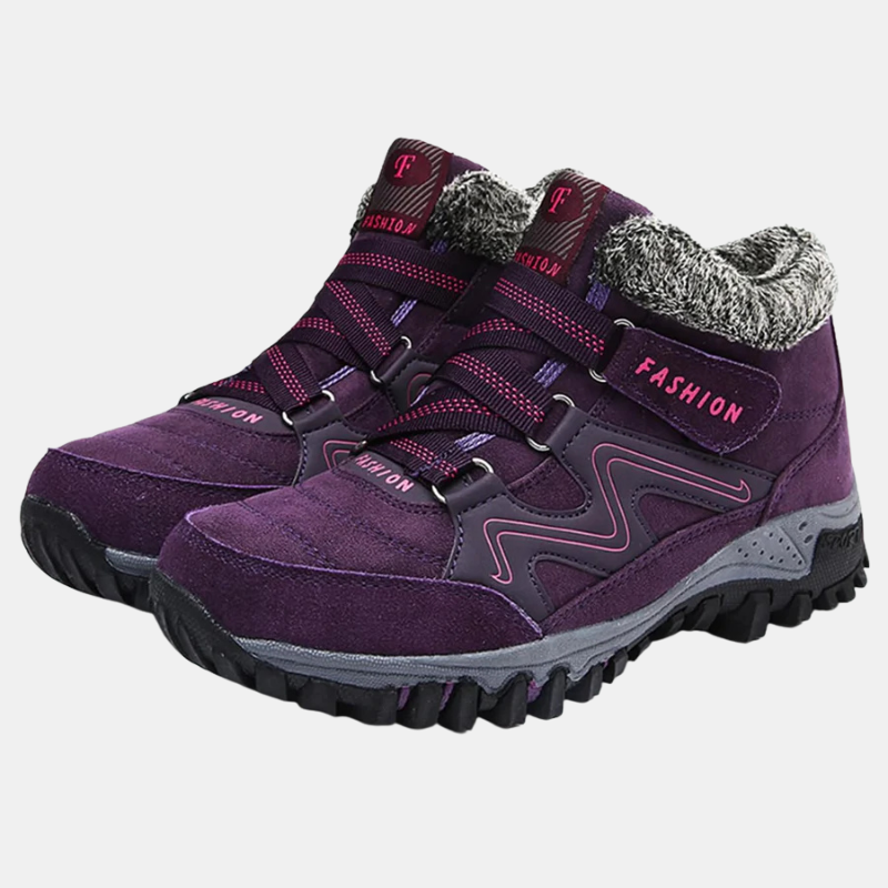 Purple orthopedic shoes with faux-fur collar and pink trim straps, chunky tread outsole