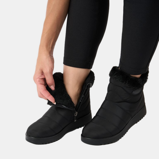 Black ankle boots with faux fur cuff and side zipper, grippy sole