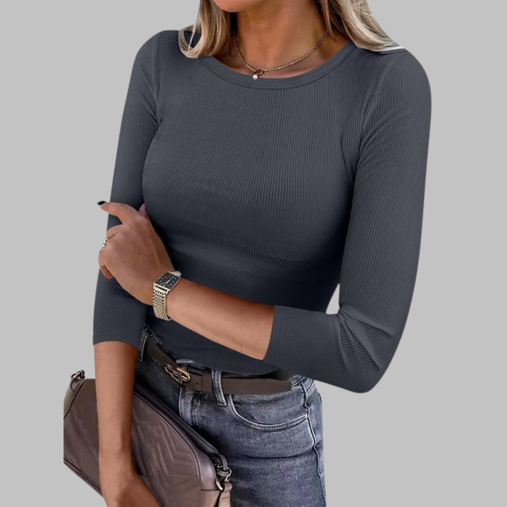 Dark gray crewneck slim-fit top with long sleeves and ribbed knit texture