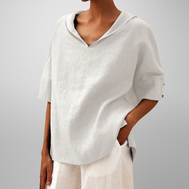 Women’s loose cotton blouse, white, V-neck with hooded collar, short sleeves