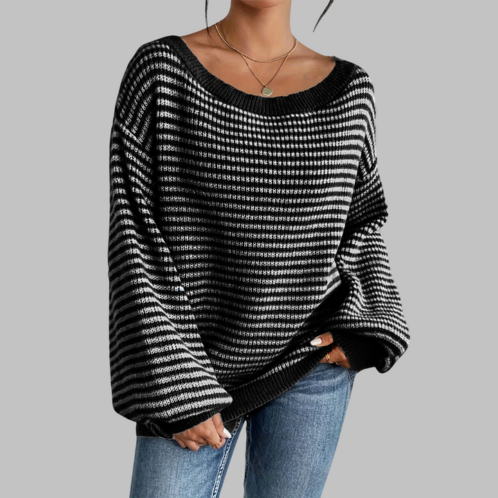 Striped drop-shoulder long-sleeve sweater, off-shoulder neckline, black and white