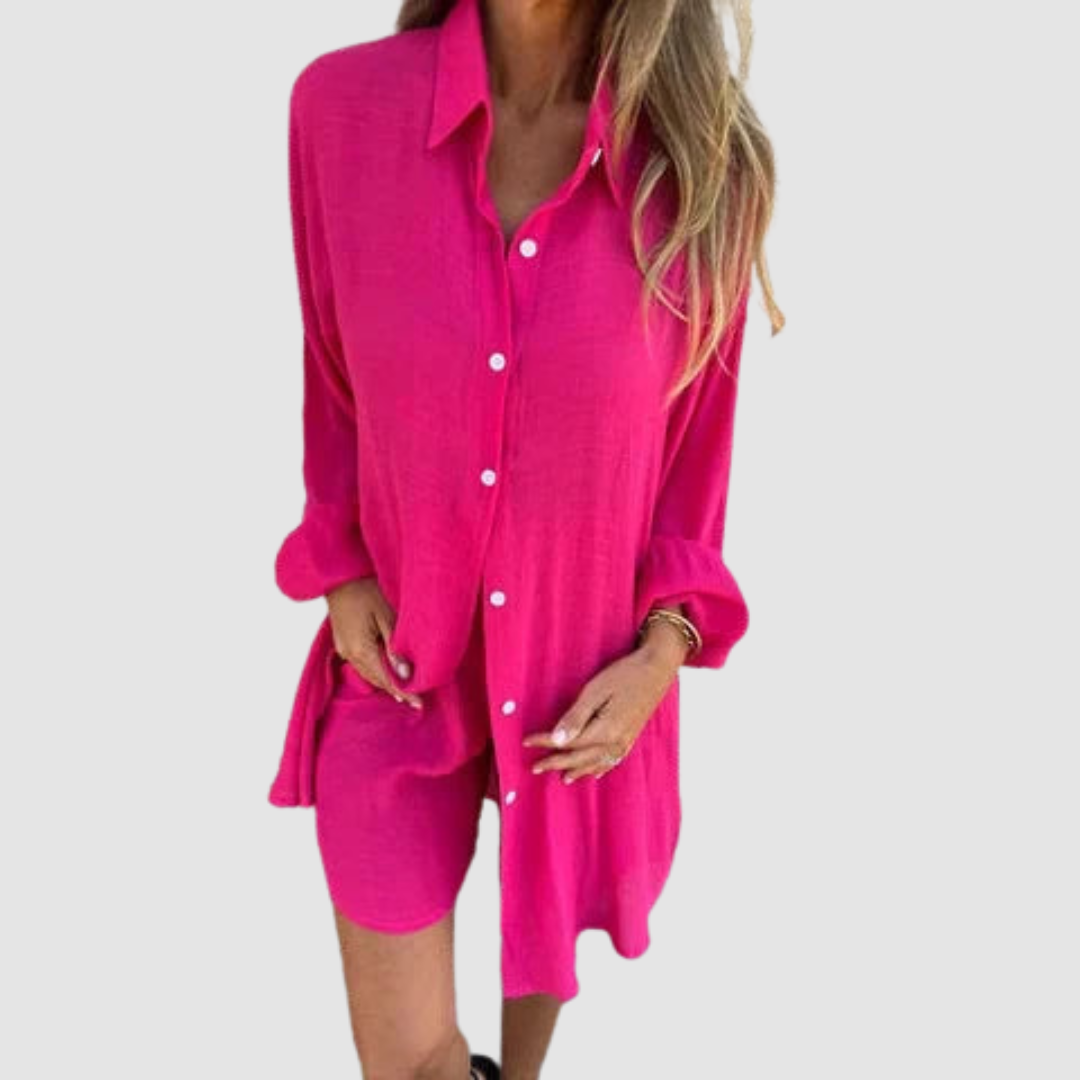 Pink button-up blazer and pencil skirt set, long sleeves, button front