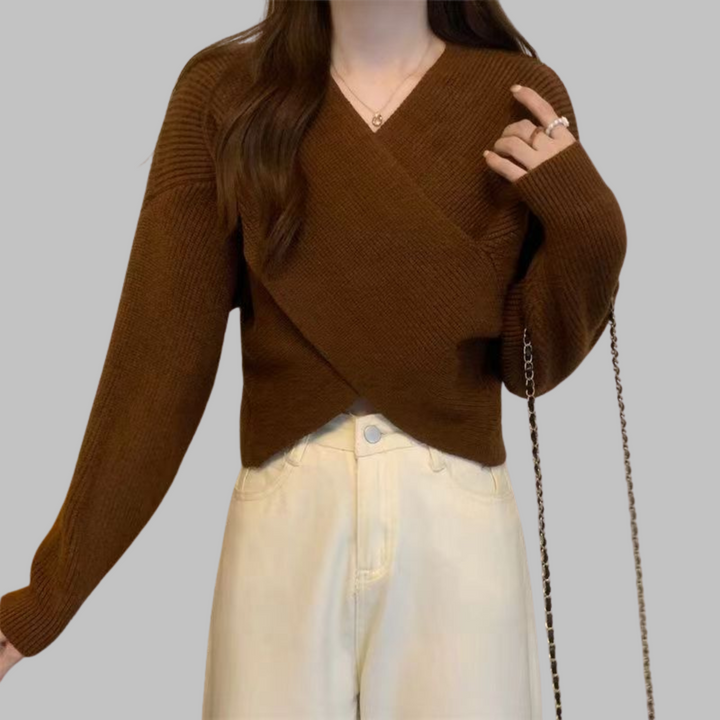Brown wrap-front V-neck sweater with long sleeves and ribbed knit texture