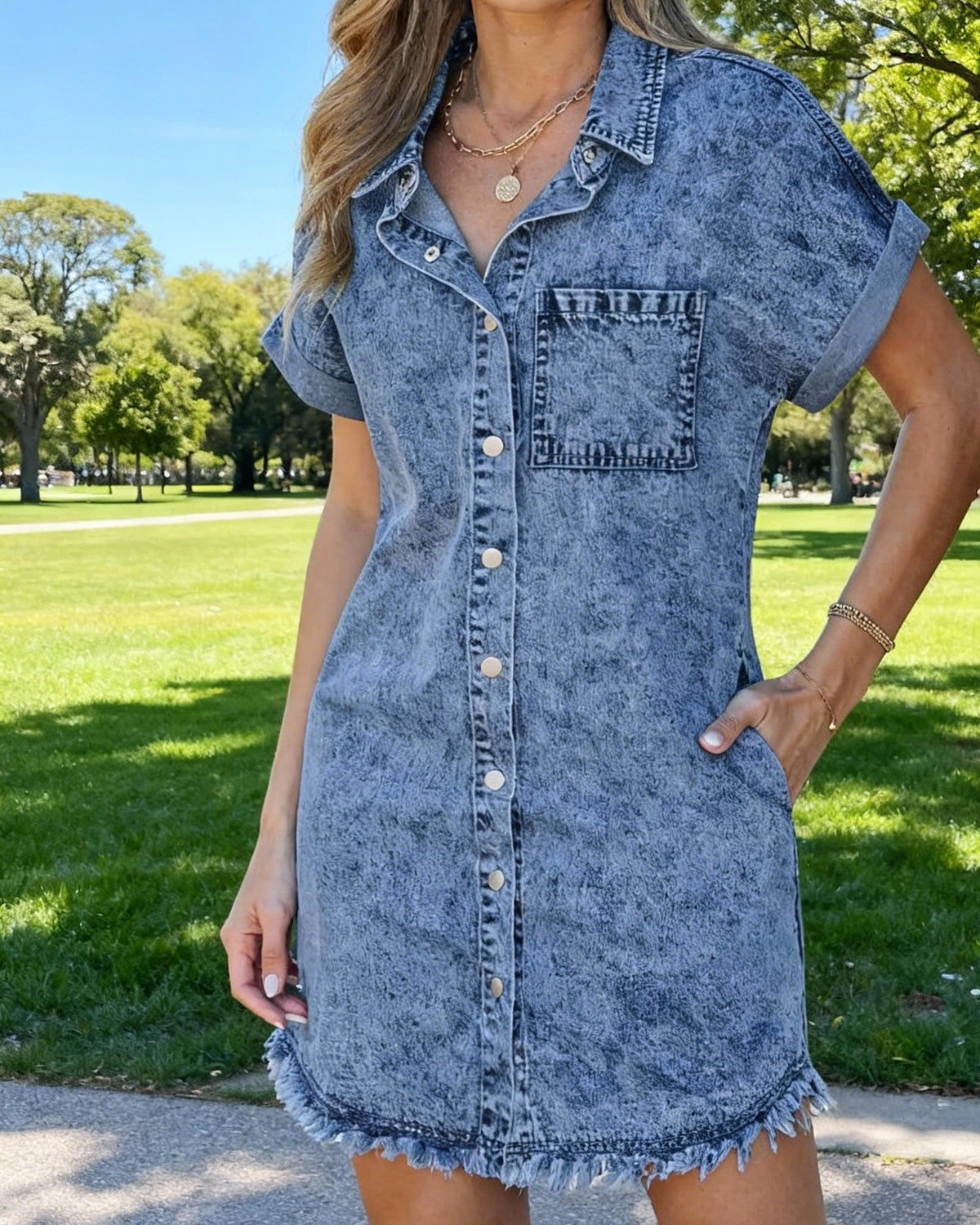 Denim blue denim shirt dress, collared button placket, chest patch pocket, frayed hem