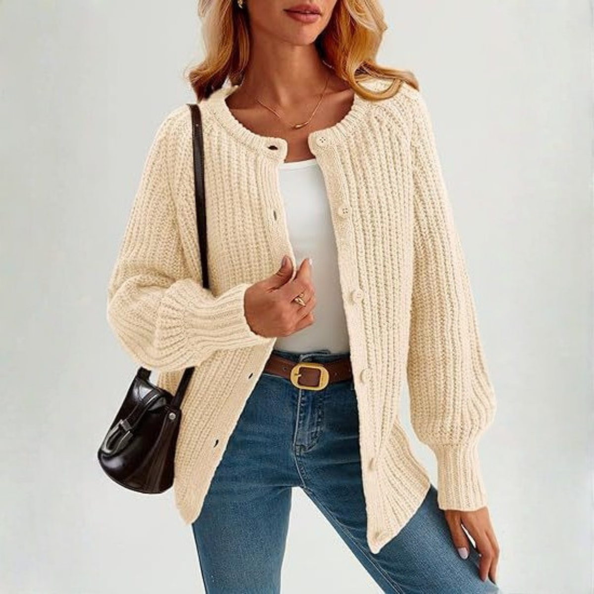Off-white button-front round-neck long-sleeve cardigan with chunky ribbed knit