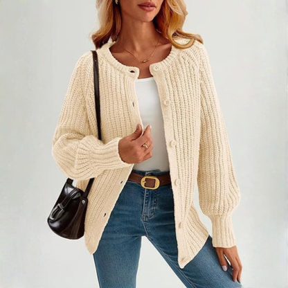 Off-white button-front round-neck long-sleeve cardigan with chunky ribbed knit