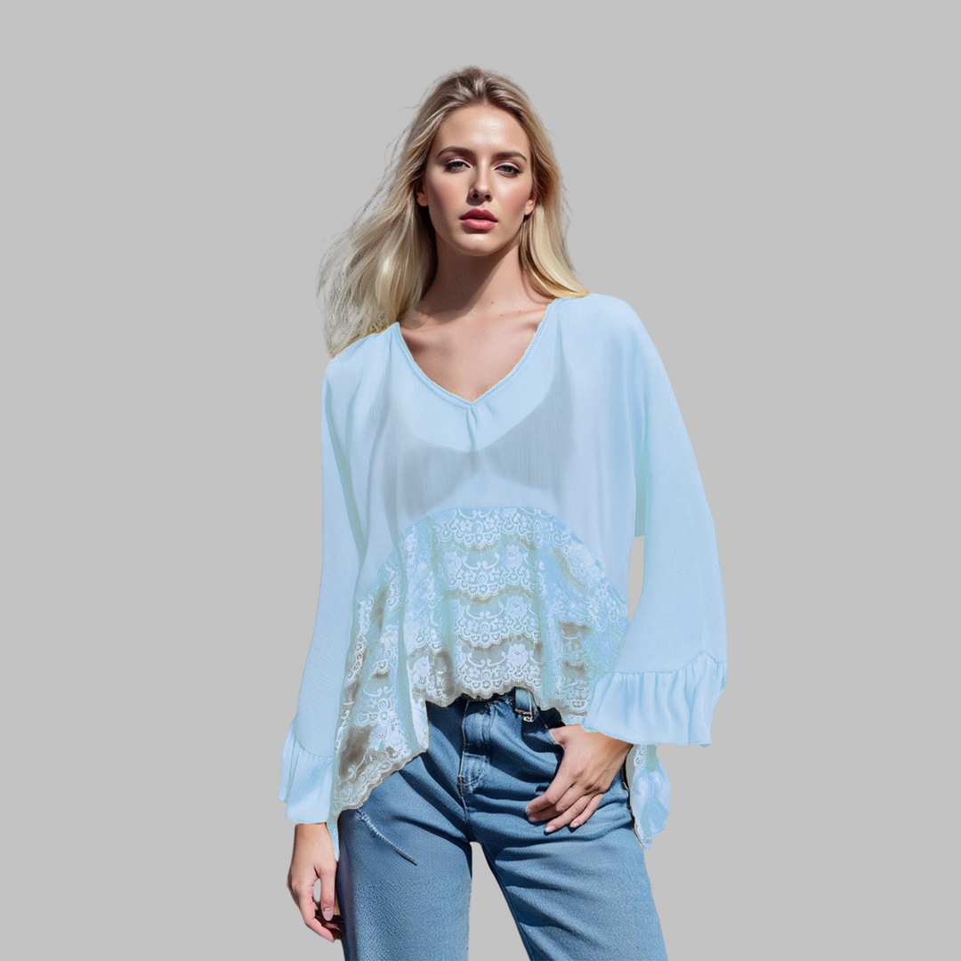 Light blue V-neck batwing cover-up top with lace panel and bell sleeves