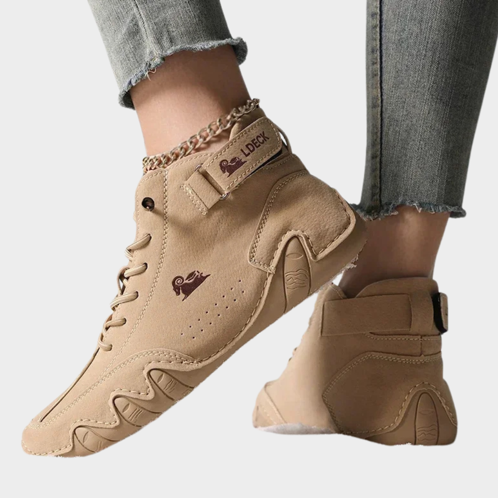 Khaki orthopedic ankle boots with lace-up closure, padded tongue, textured cushioned sole
