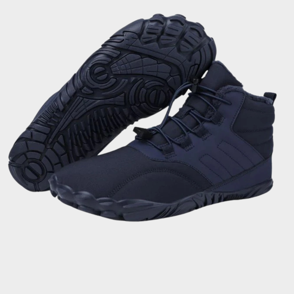 Non-slip waterproof shoes, navy lace-up boot with cushioned collar and grippy tread sole