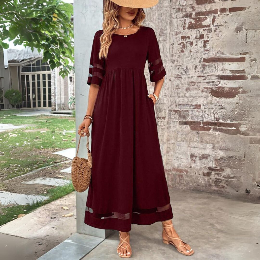 Burgundy maxi dress with scoop neck, tiered waist, and striped 3/4 sleeves