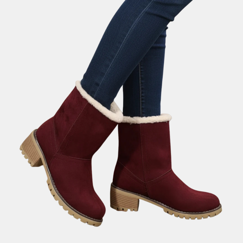 Ankle boots in burgundy with cream sherpa cuff and block heel, lug sole