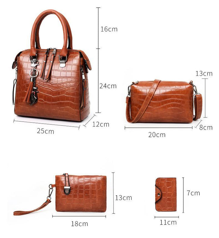 Brown crocodile-pattern 4-piece handbag set with size diagram for bag and pouches