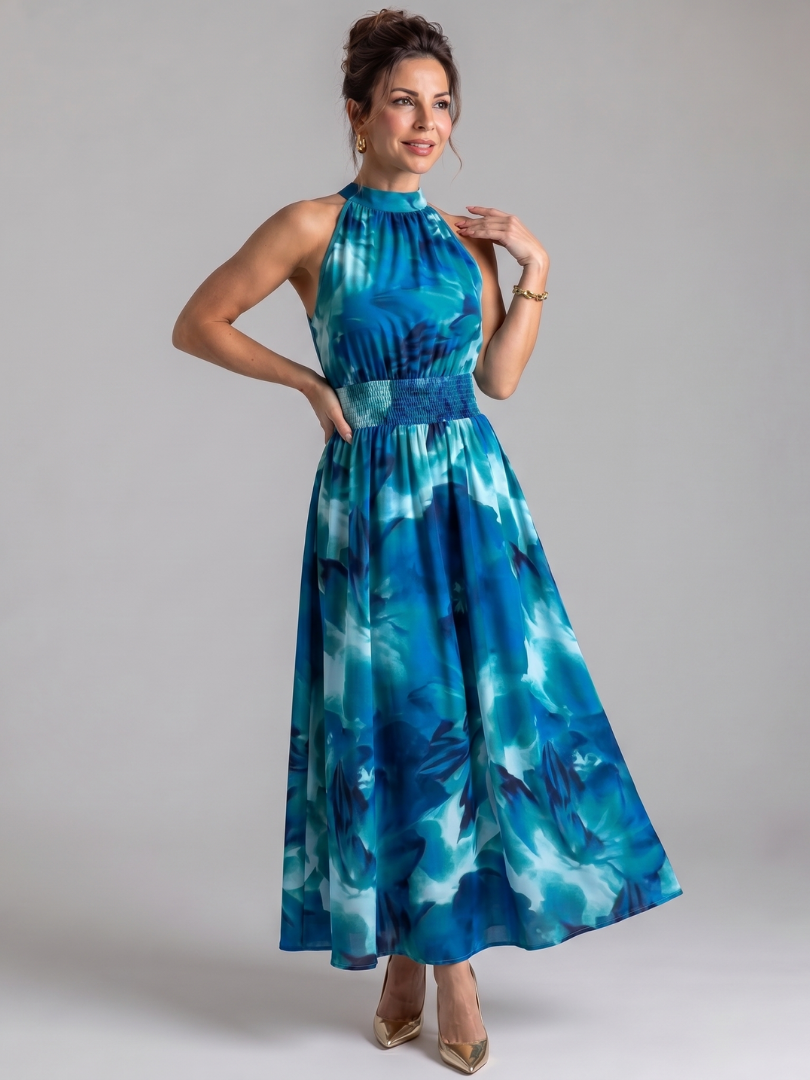 Blue abstract print midi dress with halter neck and gathered waist